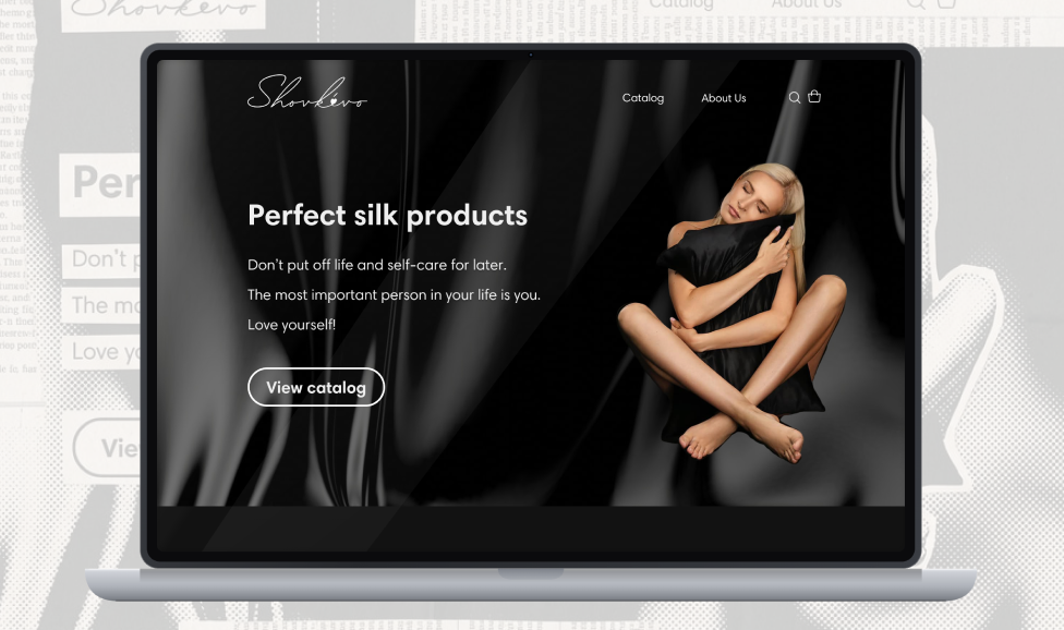 Shovkovo dark-mode silk shop on laptop