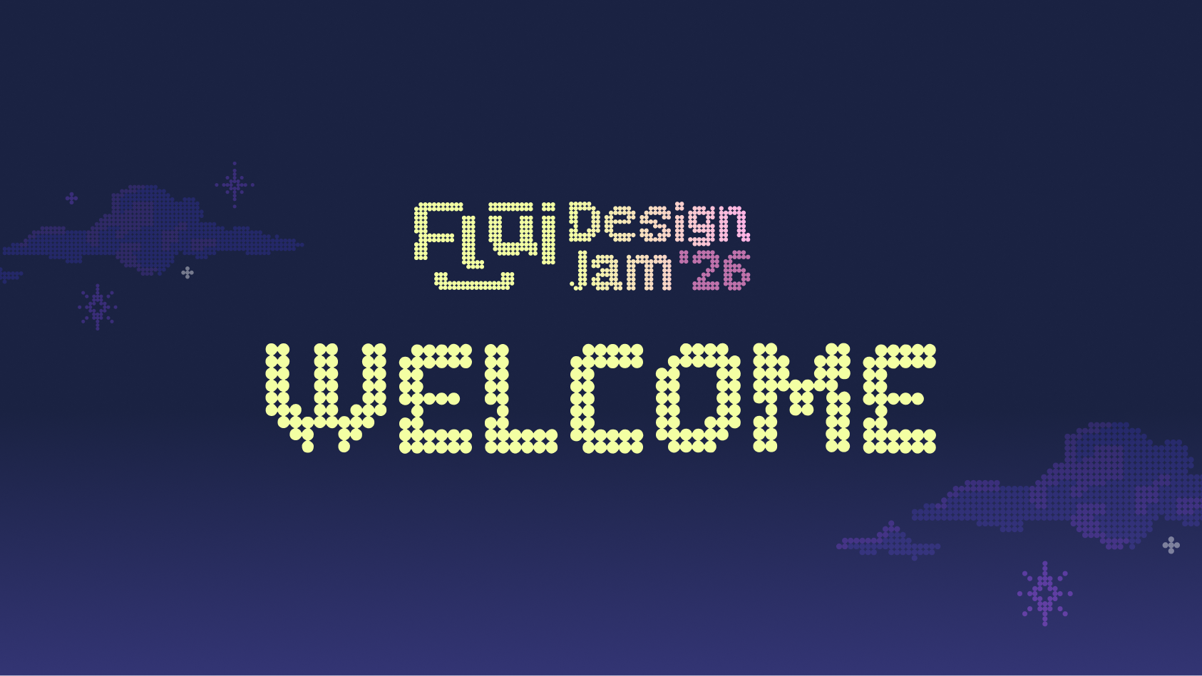 Opening ceremony deck: the welcome slide, set in the Flui typeface over the cloud pattern