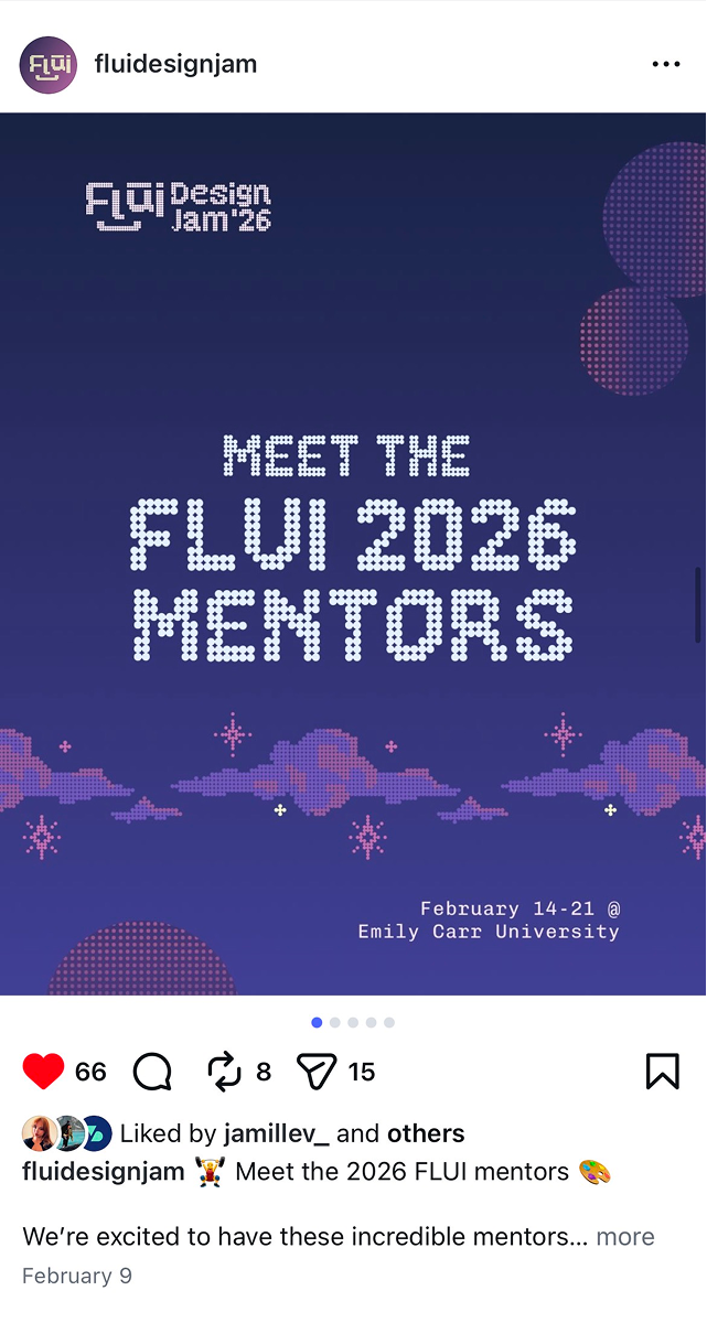 Instagram post announcing the 2026 FLUI mentors, using the halftone and cloud patterns