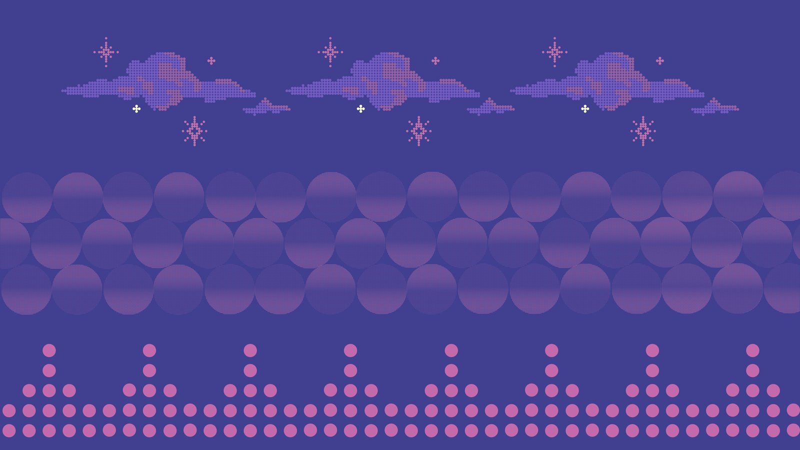 The three source patterns: dot-grid clouds, circular halftone forms, and the dot gradient