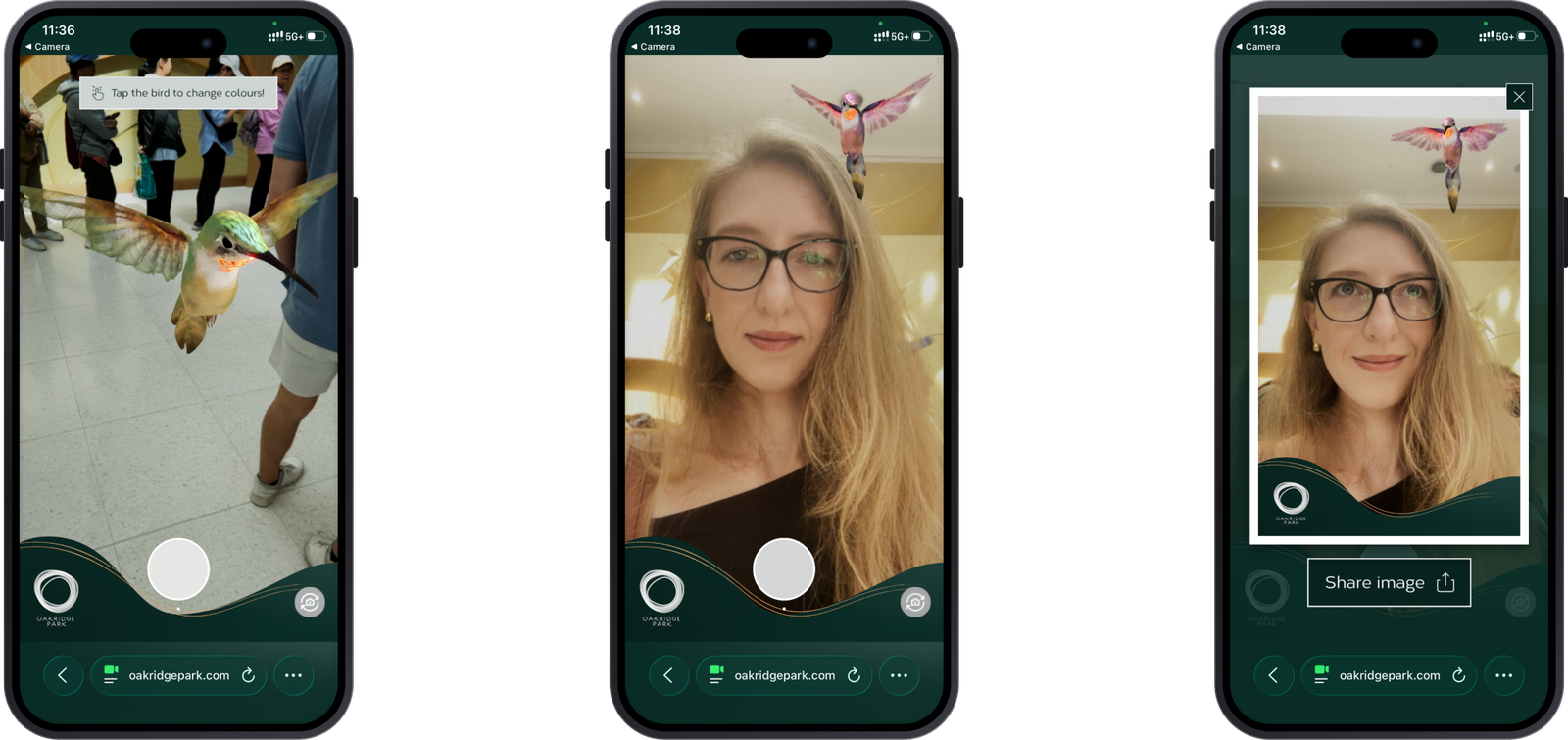 Kio in augmented reality over the concourse, the selfie mode, and the shareable image