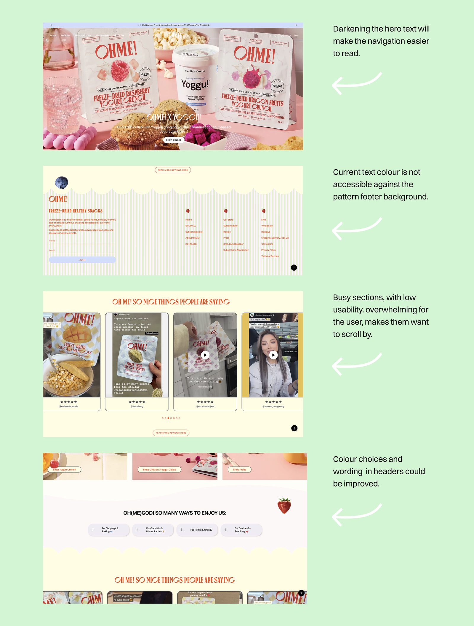 OHME! website before the redesign, with annotations flagging the usability issues